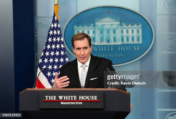 John Kirby, Coordinator for Strategic Communications at the National Security Council in the White House, speaks at the daily press briefing at the...