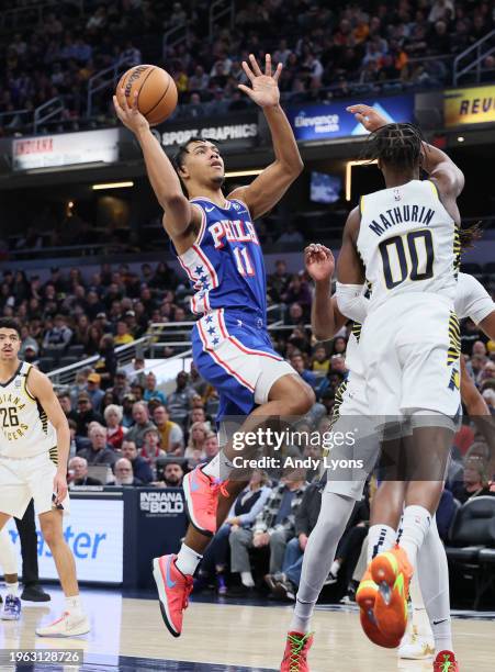 Jaden Springer the Philadelphia 76ers shoots the ball while defended by Bennedict Mathurin of the Indiana Pacers in the first half at Gainbridge...