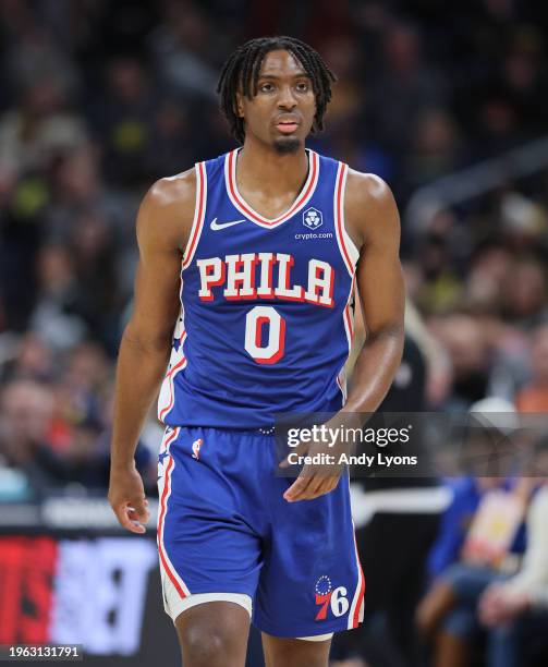 Tyrese Maxey of the Philadelphia 76ers during the game against the Indiana Pacers at Gainbridge Fieldhouse on January 25, 2024 in Indianapolis,...