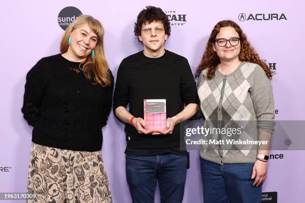 Ania Trzebiatowska, Jesse Eisenberg and Heidi Zwicker with the Waldo Salt Screenwriting Award for the film A Real Pain during the 2024 Sundance Film...