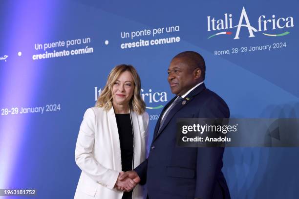 Italian Premier Giorgia Meloni welcomes Mozambique's President Filipe Jacinto Nyusi at the Italy-Africa Summit at the Italian Senate in Rome, Italy,...