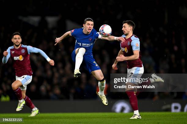 Conor Gallagher of Chelsea and Clement Lenglet of Aston Villa battle for the ball during the Emirates FA Cup Fourth Round match between Chelsea and...