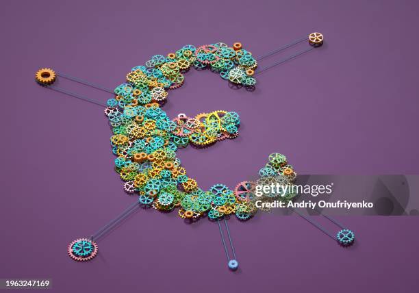 euro sign gear mechanism. - euro wheel stock pictures, royalty-free photos & images