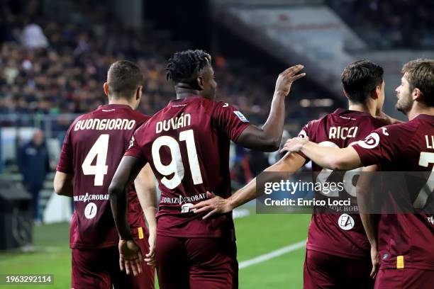 Duvan Zapata of Torino celebrates his goal 0-1 with the team-mates during the Serie A TIM match between Cagliari and Torino FC - Serie A TIM at...