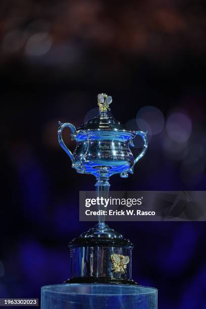 Australian Open: The Daphne Akhurst Memorial Cup displayed prior to Aryna Sabalenka of Belarus vs Qinwen Zheng of China participate in the Women's...