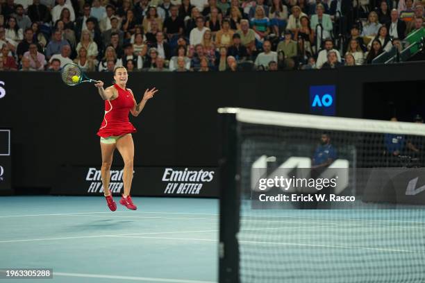 Australian Open: Aryna Sabalenka of Belarus in action, hits the ball vs Qinwen Zheng of China during a Women's singles Final match in Melbourne Park....