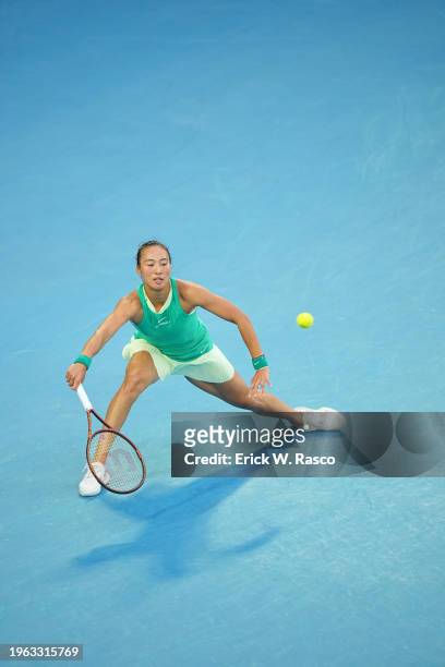 Australian Open: Qinwen Zheng of China in action, hits the ball vs Aryna Sabalenka of Belarus during a Women's singles Final match in Melbourne Park....