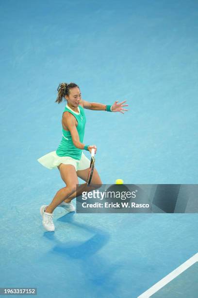 Australian Open: Qinwen Zheng of China in action, hits the ball vs Aryna Sabalenka of Belarus during a Women's singles Final match in Melbourne Park....