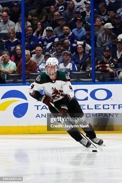 Juuso Valimaki of the Arizona Coyotes skates with the puck during the second period of the game against the Tampa Bay Lightning at Amalie Arena on...