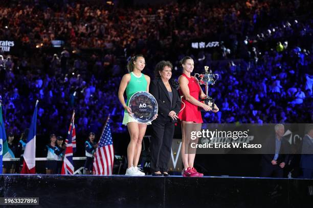 Australian Open: Aryna Sabalenka of Belarus poses with Evonne Goolagong Cawley and Qinwen Zheng of China following the Women's singles Final match in...