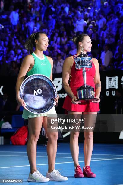 Australian Open: Aryna Sabalenka of Belarus and Qinwen Zheng of China pose during the official presentation following the Women's singles Final match...