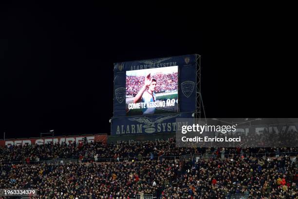 Memory of Gigi Riva on the big screen during the Serie A TIM match between Cagliari and Torino FC - Serie A TIM at Sardegna Arena on January 26, 2024...