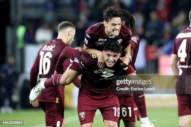 Samuele Ricci of Torino celebrates his goal 0-2 with the team-mates during the Serie A TIM match between Cagliari and Torino FC - Serie A TIM at...