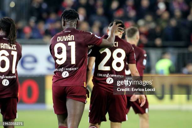 Samuele Ricci of Torino celebrates his goal 0-2 with the team-mates during the Serie A TIM match between Cagliari and Torino FC - Serie A TIM at...