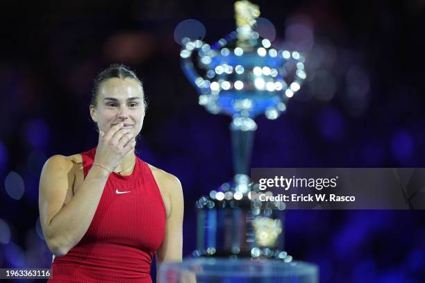 Australian Open: Aryna Sabalenka of Belarus in action, looks on following victory vs Qinwen Zheng of China during a Women's singles Final match in...