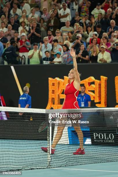 Australian Open: Aryna Sabalenka of Belarus in action, waves to the crowd vs Qinwen Zheng of China during a Women's singles Final match in Melbourne...