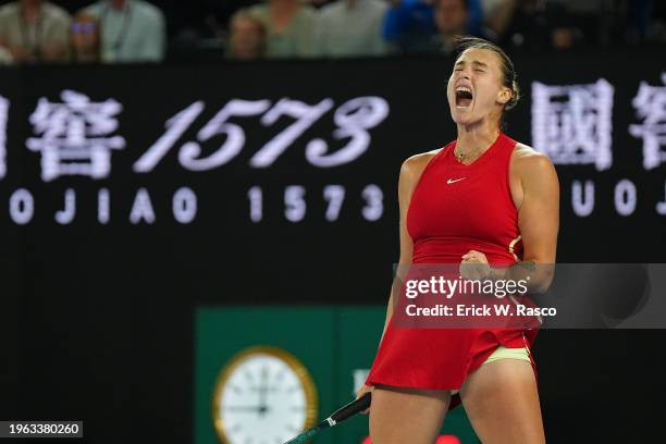 Australian Open: Aryna Sabalenka of Belarus in action, reacts vs Qinwen Zheng of China during a Women's singles Final match in Melbourne Park....