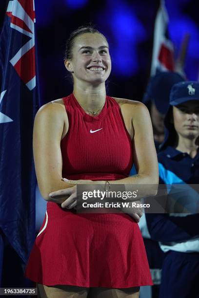 Australian Open: Aryna Sabalenka of Belarus in action, looks on vs Qinwen Zheng of China during a Women's singles Final match in Melbourne Park....