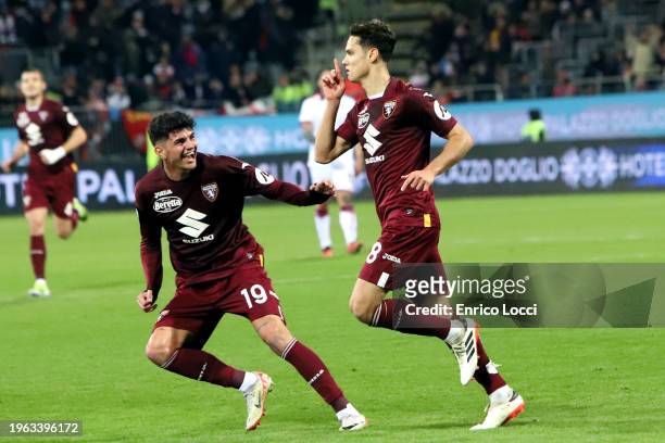 Samuele Ricci of Torino celebrates his team's second goal during the Serie A TIM match between Cagliari and Torino FC - Serie A TIM at Sardegna Arena...