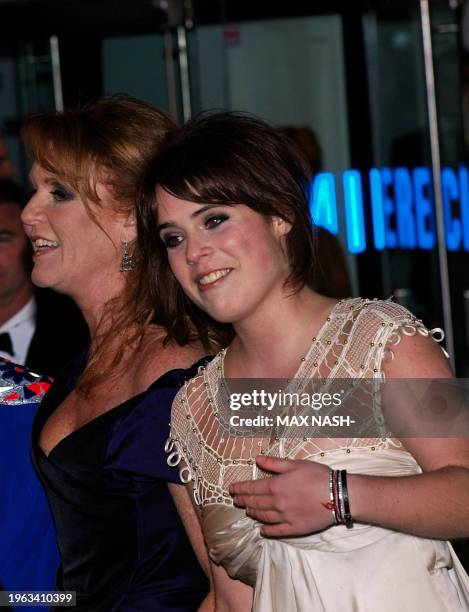 Britain's Duchess of York poses with her daughter Eugenie as they arrive for the world premiere of the film 'The Young Victoria' in London's...