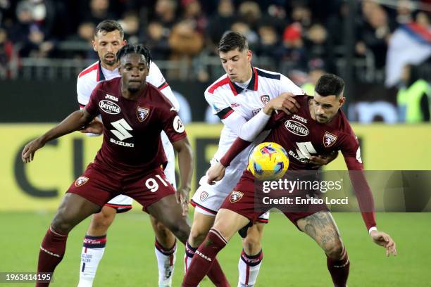 Matteo Prati of Cagliari in contrast during the Serie A TIM match between Cagliari and Torino FC at Sardegna Arena on January 26, 2024 in Cagliari,...