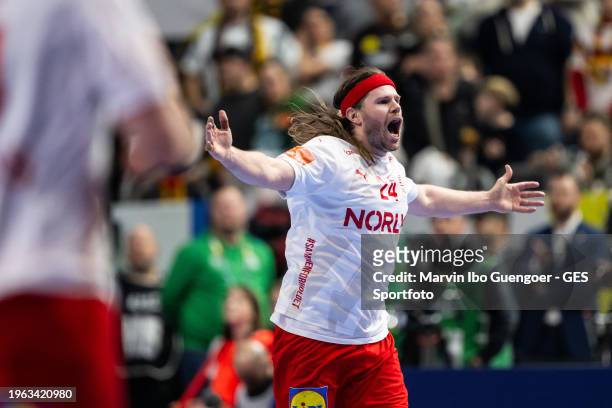 Mikkel Hansen of Denmark celebrates during the Men's EHF Euro 2024 second semi-final match between Germany and Denmark at Lanxess Arena on January...
