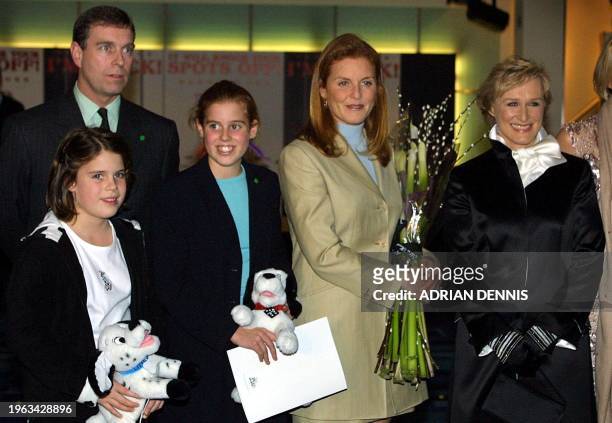 The Duke of York and Sarah Ferguson pose with their children Eugenie and Beatrice and US actress Glenn Close , at the premiere of the new Disney...