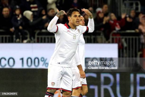 Nicolas Viola of Cagliari celebrates scoring his team's first goal during the Serie A TIM match between Cagliari and Torino FC at Sardegna Arena on...