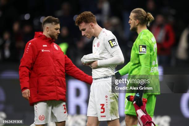 Sepp van den Berg of 1.FSV Mainz 05 looks dejected following defeat in the Bundesliga match between Eintracht Frankfurt and 1. FSV Mainz 05 at...