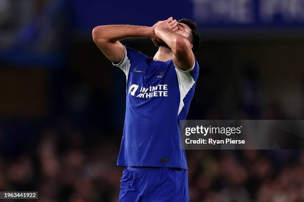 Armando Broja of Chelsea reacts at full-time following the teams draw in the Emirates FA Cup Fourth Round match between Chelsea and Aston Villa at...