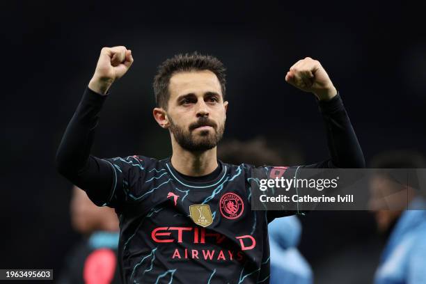Bernardo Silva of Manchester City celebrates following their sides victory after the Emirates FA Cup Fourth Round match between Tottenham Hotspur and...