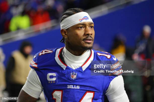 Stefon Diggs of the Buffalo Bills reacts during the AFC Divisional Playoff game against the Kansas City Chiefs at Highmark Stadium on January 21,...