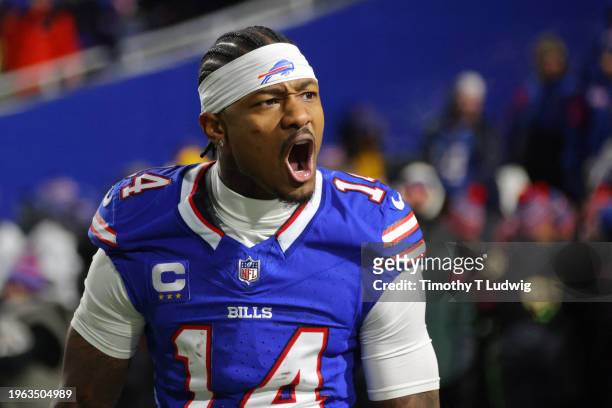 Stefon Diggs of the Buffalo Bills reacts during the AFC Divisional Playoff game against the Kansas City Chiefs at Highmark Stadium on January 21,...