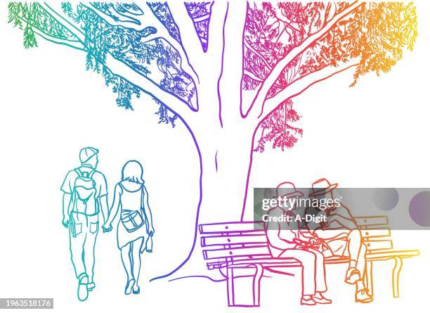 summer tree and couples rainbow - sun hat white background stock illustrations