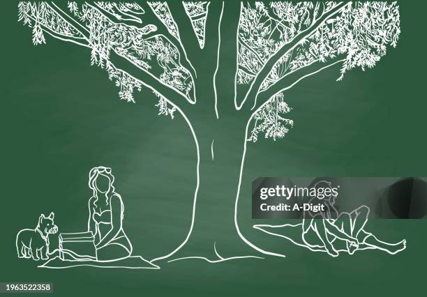 summer tree and visitors chalkboard - sunbathing park stock illustrations