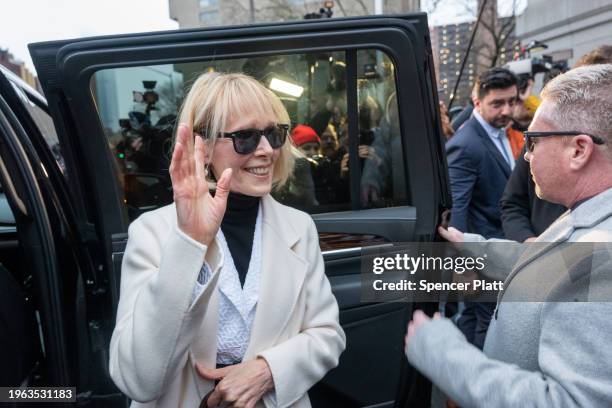 Jean Carroll departs a Manhattan federal court at the conclusion of her defamation suit against Donald Trump on January 26, 2024 in New York City. A...