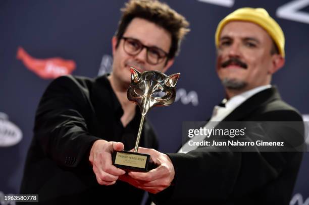 Sebastián Vásquez and Alejandro Rojas winners of the DAMA award for best screenplay for "Upon Entry", poses in the press room during Feroz Awards...