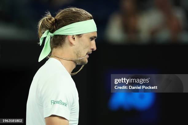 Alexander Zverev of Germany reacts in their Semifinal singles match against Daniil Medvedev during the 2024 Australian Open at Melbourne Park on...