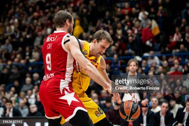 Nicolò Melli of EA7 Emporio Armani Milan Jan Vesely of FC Barcelona in action during the Turkish Airlines EuroLeague Regular Season Round 23 match...