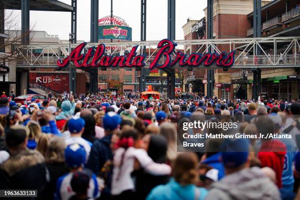 Fans congregate in The Battery during Braves Fest at Truist Park on January 27, 2024 in Atlanta, Georgia.