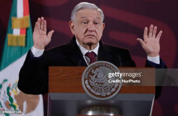 President Andres Manuel Lopez Obrador of Mexico is speaking during a press conference at the National Palace in Mexico City, stating that ''it is...