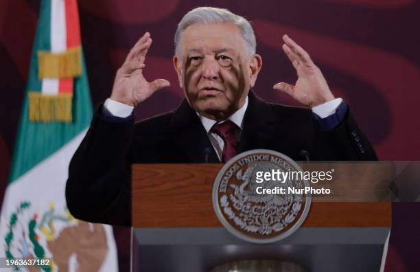President Andres Manuel Lopez Obrador of Mexico is speaking during a press conference at the National Palace in Mexico City, stating that ''it is...
