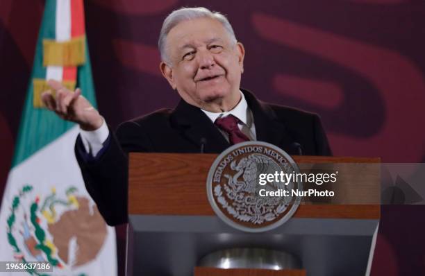 President Andres Manuel Lopez Obrador of Mexico is speaking during a press conference at the National Palace in Mexico City, stating that ''it is...