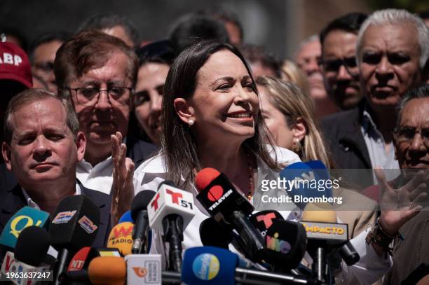 Maria Corina Machado, Venezuelan opposition's presidential candidate, center, speaks during a press conference in Caracas, Venezuela, on Monday, Jan....
