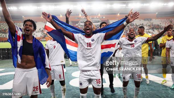 Cape Verde's defender Dylan Tavares and Cape Verde's players celebrate after the victory at the end of the Africa Cup of Nations 2024 round of 16...