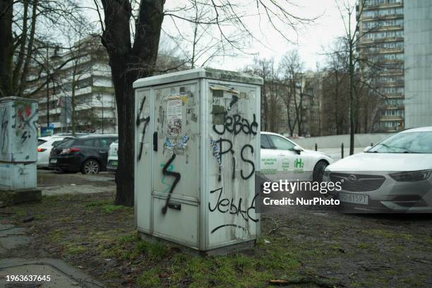 Profanities directed towards the former ruling Law and Justice party is seen spray painted near parliament in Warsaw, Poland on 25 January, 2024. On...