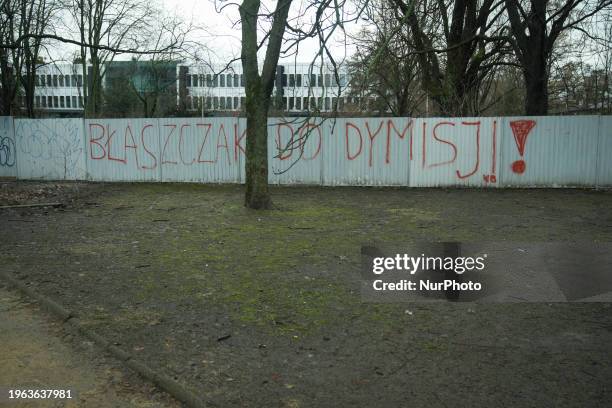 Graffiti calling for the former minister of defence to resign is seen painted on a barrier near parliament in Warsaw, Poland on 25 January, 2024. On...