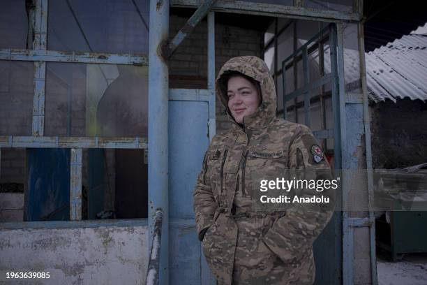 Members of the tank unit of Ukrainian Army's 65 mechanized brigade, medic Pilula is standing outside near Orichiv, Zaporizhzhia, Ukraine on January...