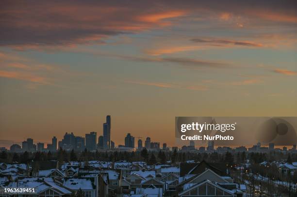 Sunset view of Edmonton downtown from Griesbach Central Park, on January 28 in Edmonton, Alberta, Canada.