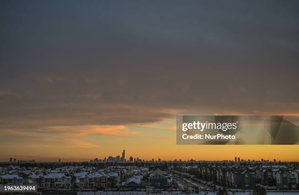 Sunset view of Edmonton downtown from Griesbach Central Park, on January 28 in Edmonton, Alberta, Canada.